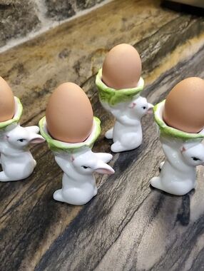 Bunny Ceramic Egg Cup Set in White with Green Accent